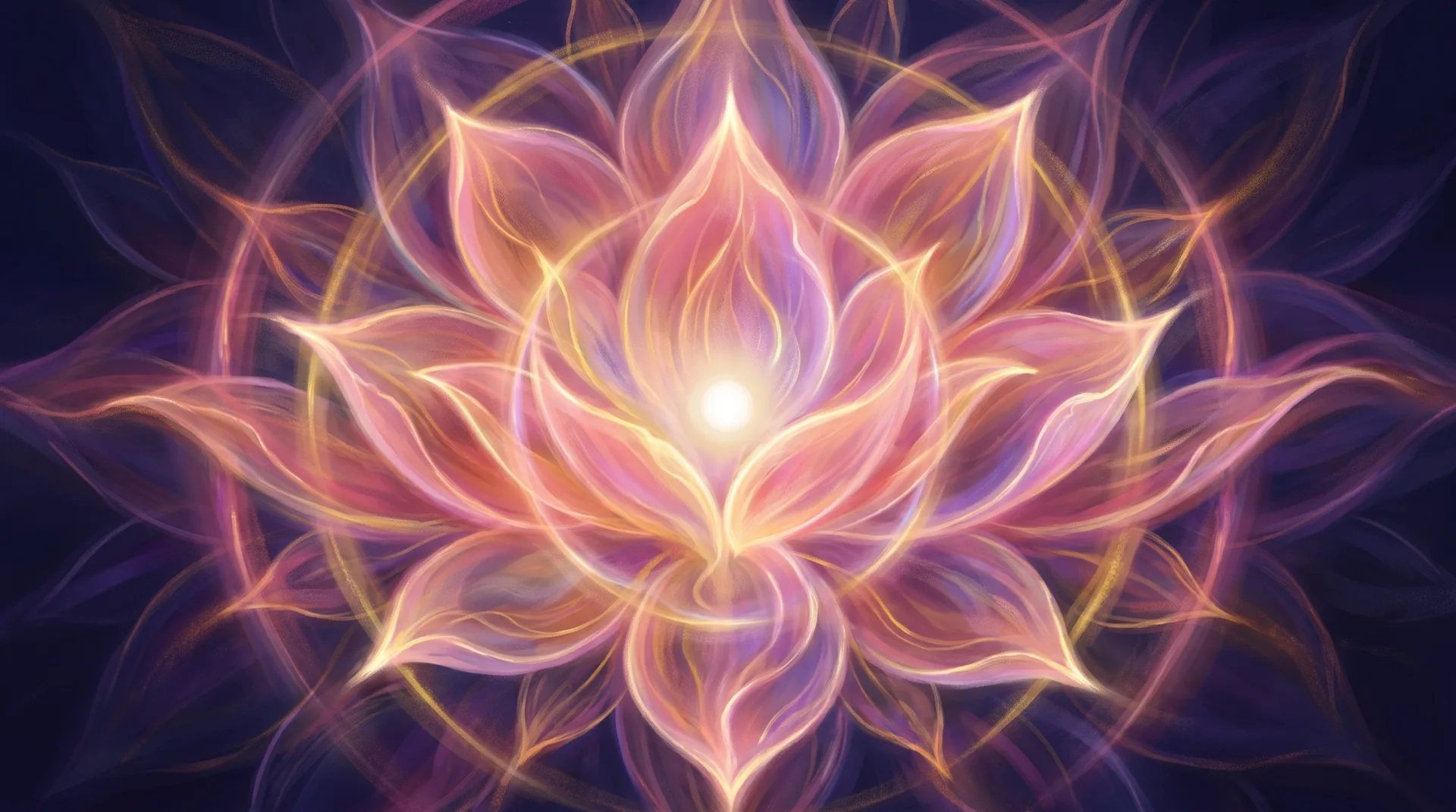 Painting: a great lotus of pearl and rose light fully open, its petals rimmed in gold