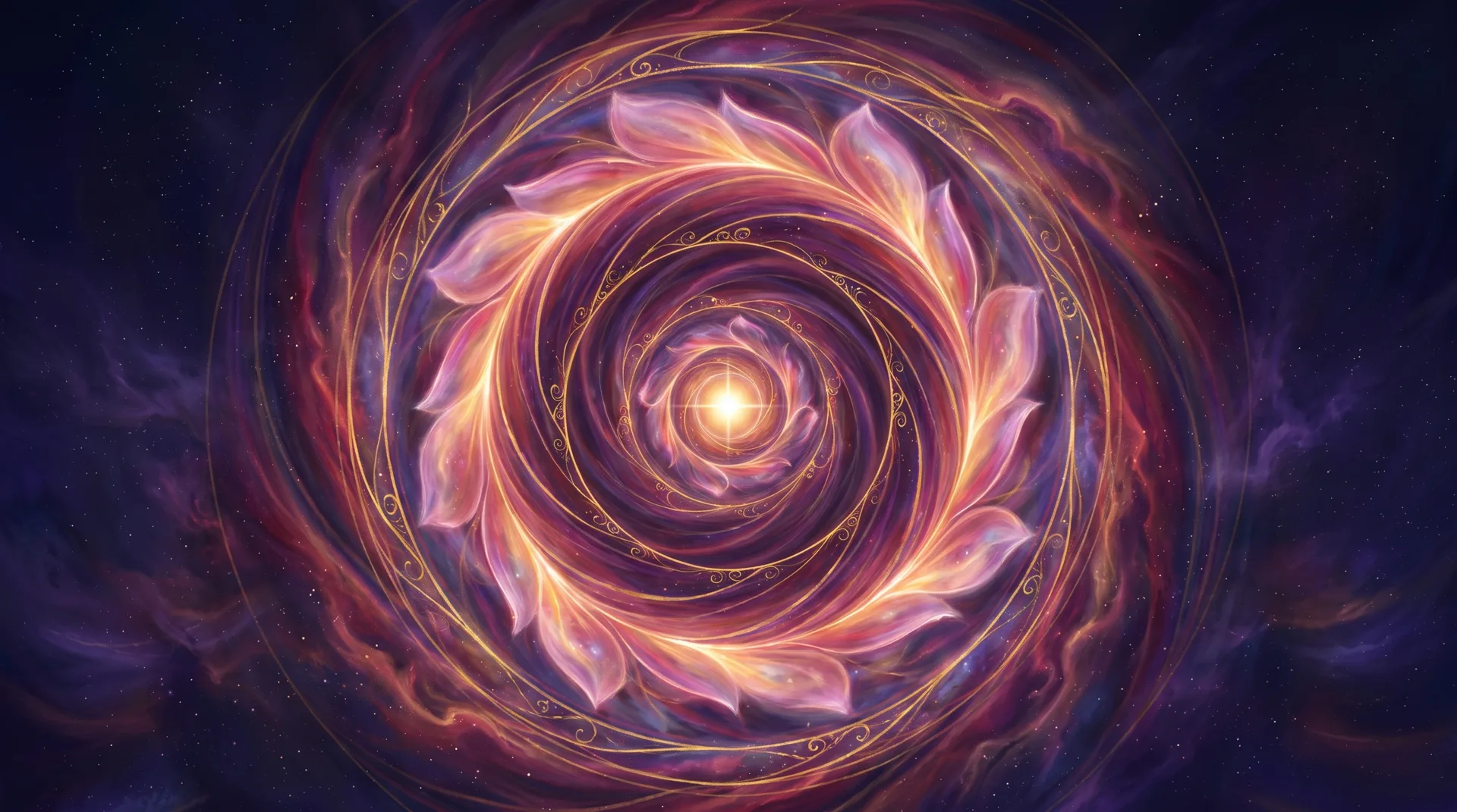Painting: petals of rose light and thin gold rings turning in a slow spiral toward a single point of light