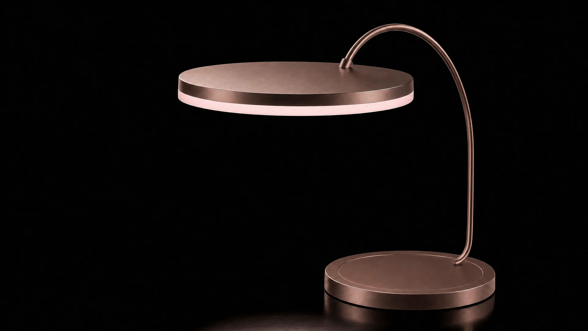 Concept render: the Instrument on black, a slim bronze disc with a softly glowing face on a slender bronze arc