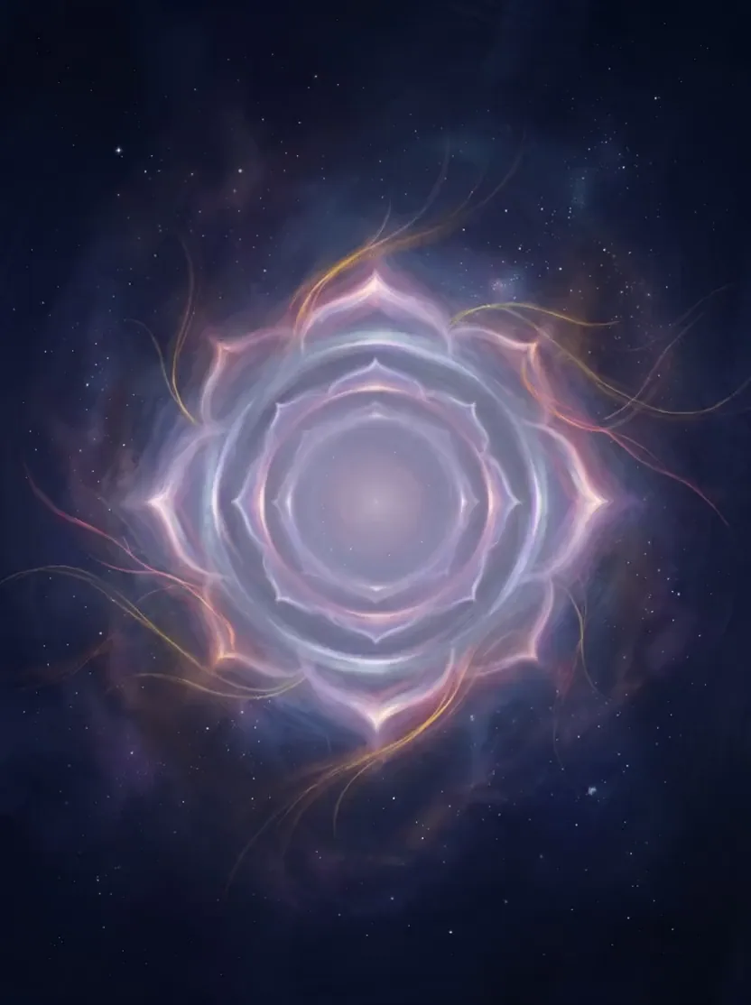 Gently moving: silver-blue rings of light breathing slowly outward into a luminous emptiness