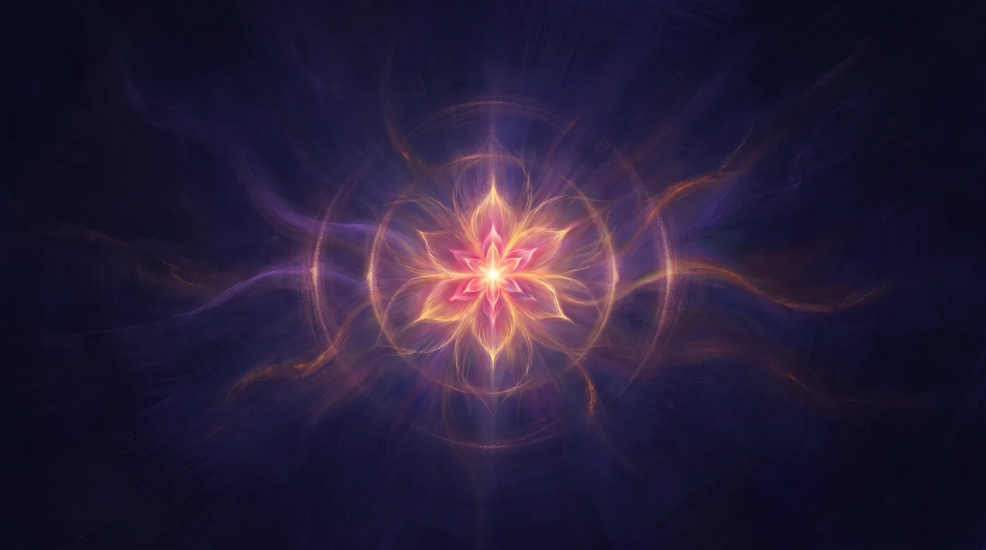 Painting: a small flower of rose and gold light opening at the centre of a dark violet field