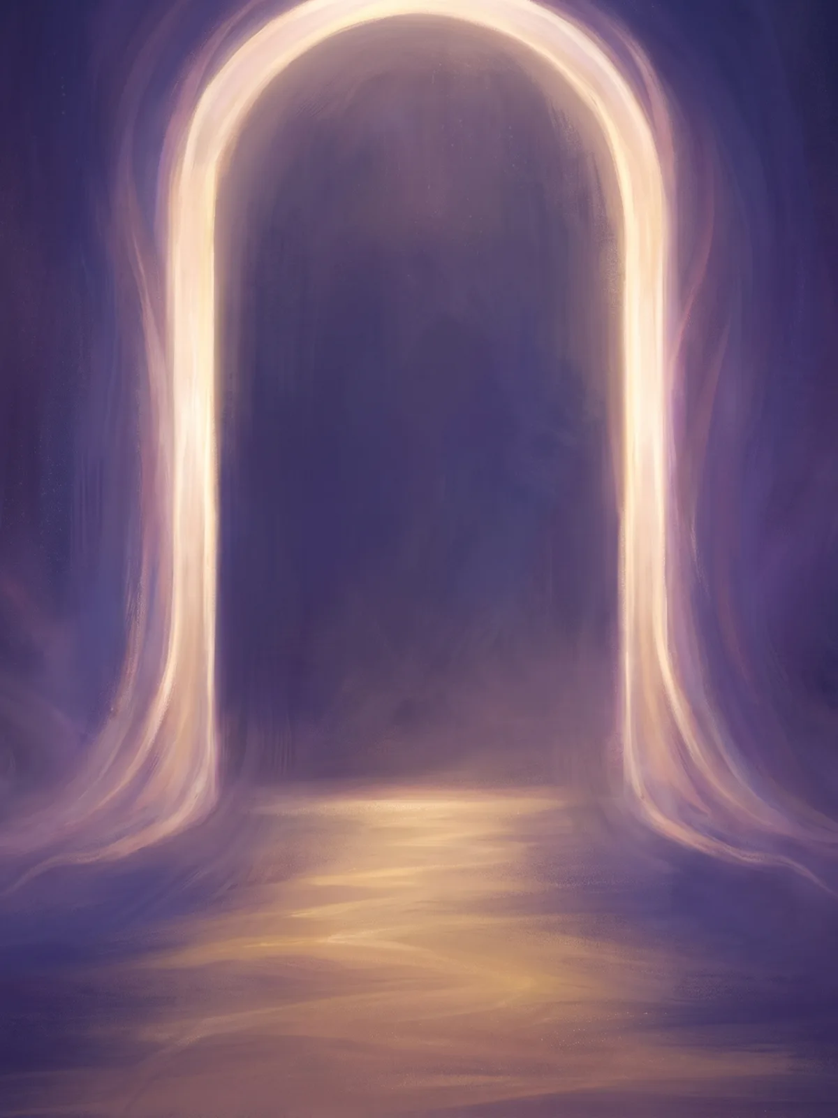 Painting: an arch of soft pearl-gold light opening in a deep violet field, a path of faint light leading into it