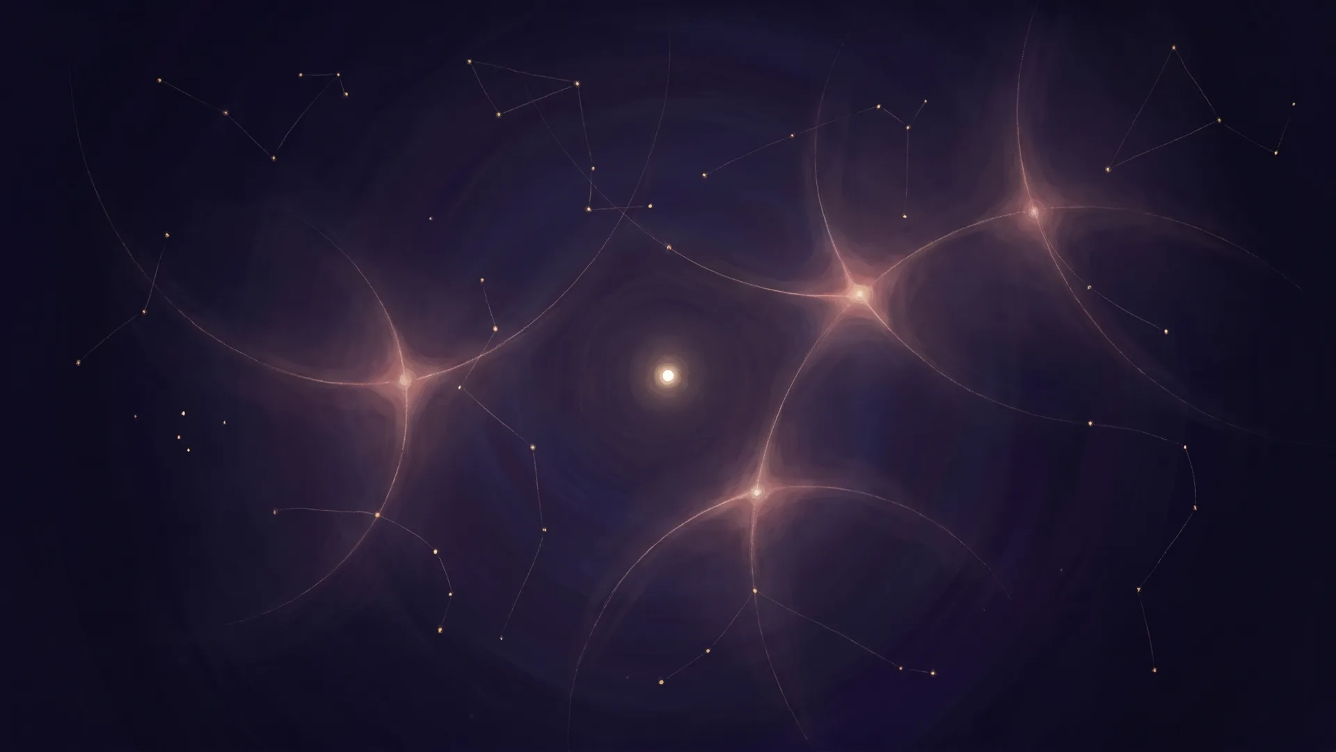 Painting: a map of an inner landscape, constellations of small gold points joined by hairline arcs around one brighter point of light