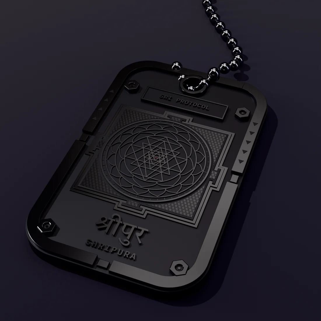 Concept render: the Sri Protocol tag in black on a gunmetal ball chain
