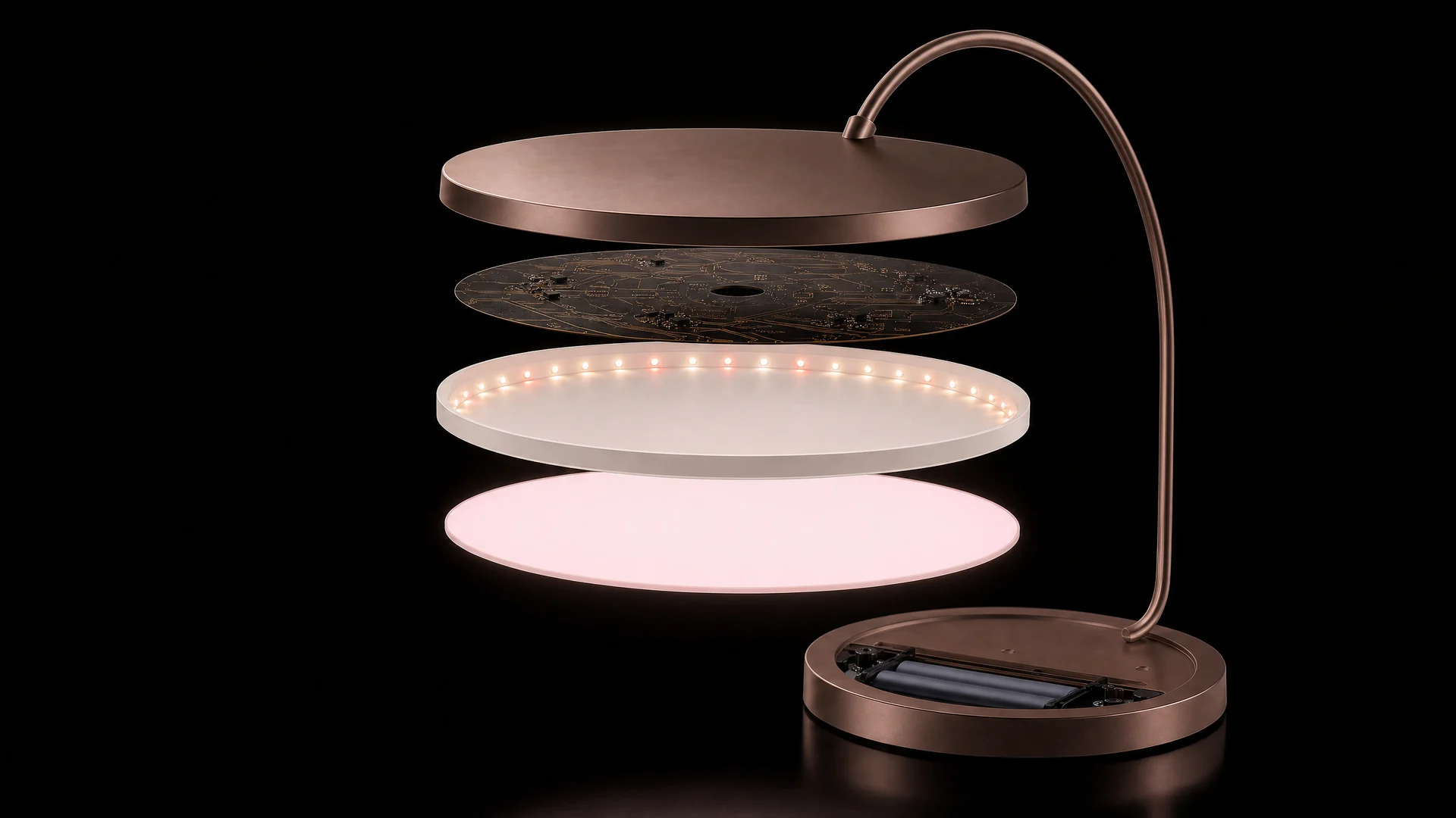 Concept render: the Instrument on black, its slim bronze head taken apart into its layers: the frosted face, the white mixing tray with its ring of warm and deep-red emitters, the circuit board and the bronze shell, with the battery open in the base