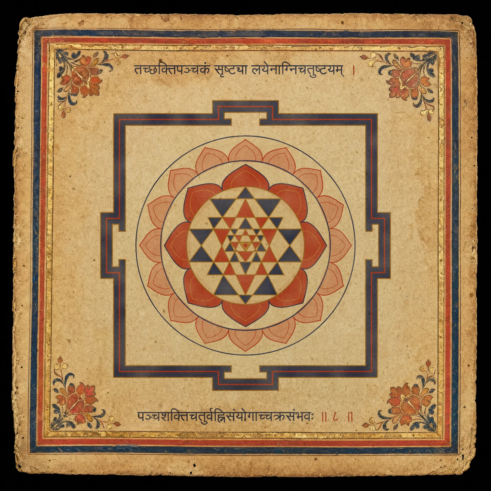 Concept image: a folio painting of the Śrī Cakra in vermilion, indigo and gold on aged paper inside a painted border with flowers in the corners, the verse Yoginīhṛdaya 1.8 written in Devanagari above and below