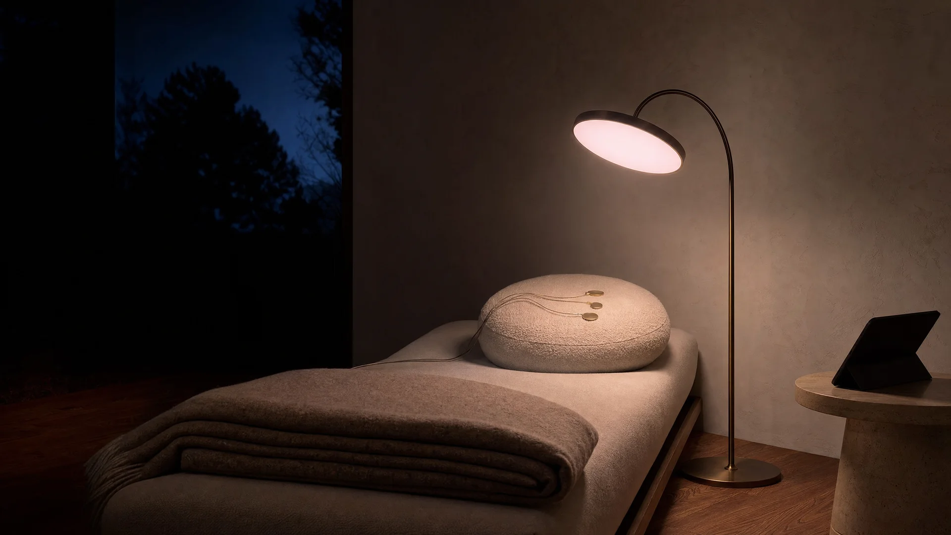 Concept image: a quiet room at dusk, a daybed with a folded wool blanket beneath the softly glowing Instrument, a window onto blue evening trees