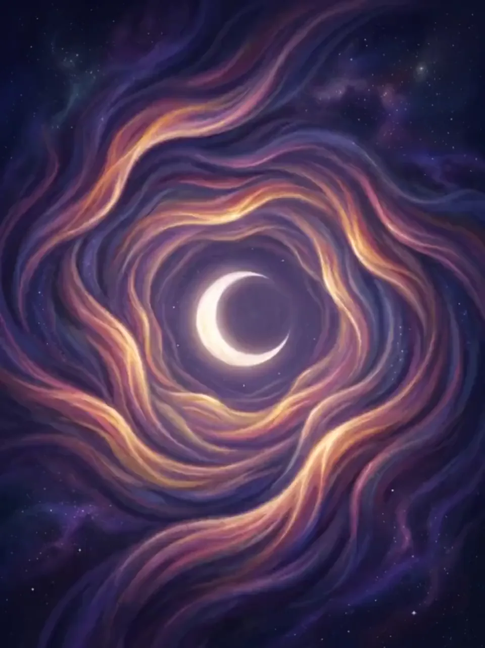 Gently moving: indigo and violet waves flowing slowly around a crescent of pearl light