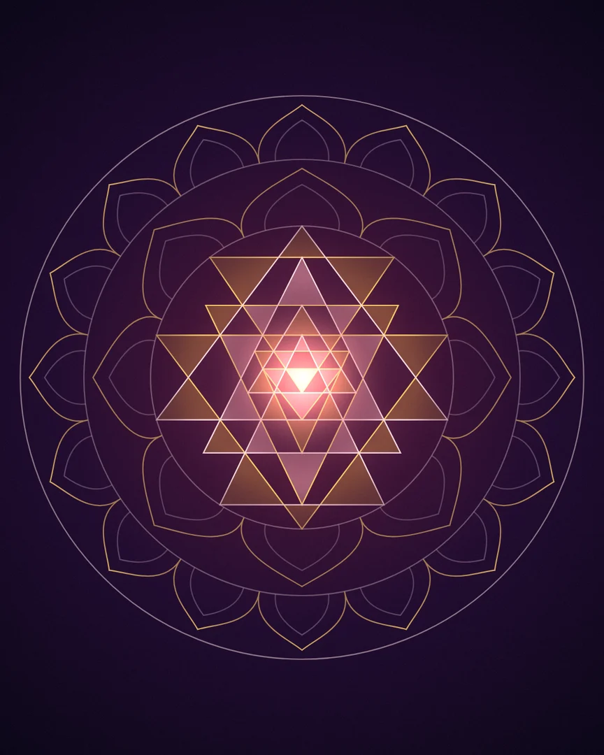 Gently moving: the Śrī Cakra drawn to its coordinates in rose, saffron and gold, a ring of light travelling slowly outward from its centre