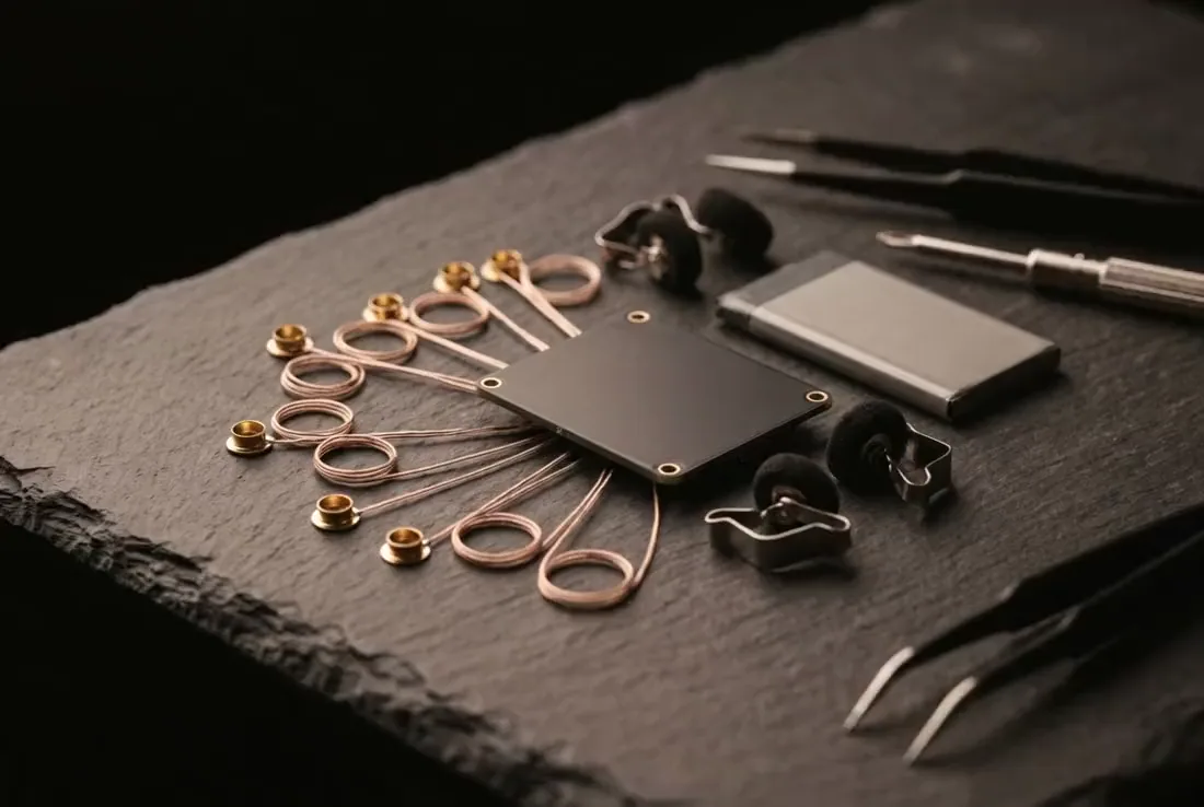 Concept film: the listening core on dark slate, a small matte-black board with fine coiled leads ending in gold cup electrodes, two ear clips and a slim battery, the camera gliding slowly over it and back