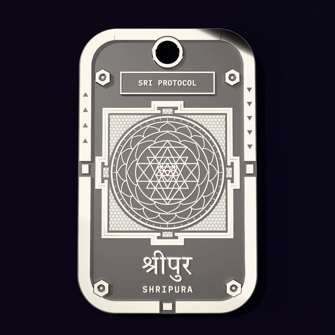 Concept render: the silver Sri Protocol tag seen straight on
