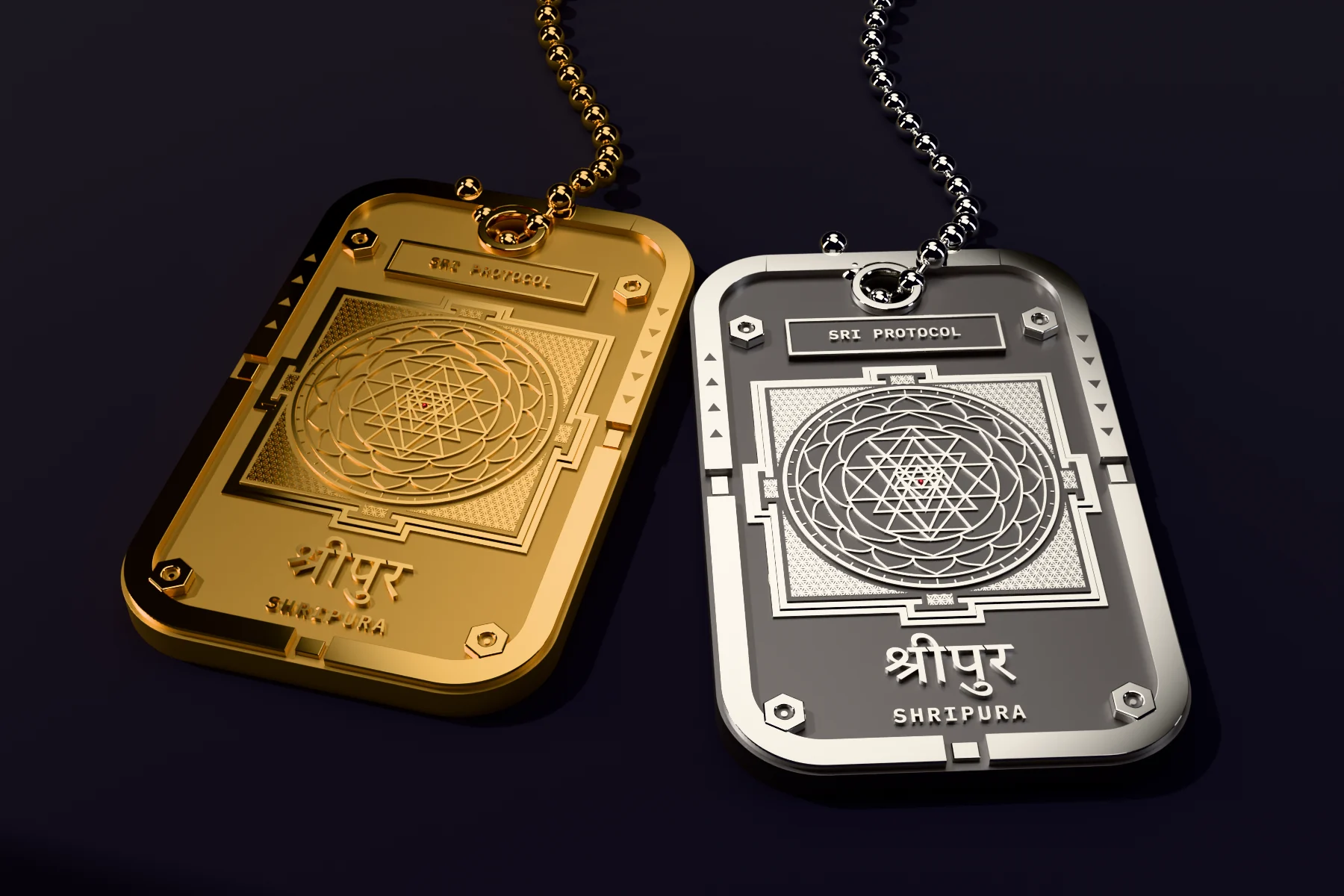 Concept render: two Sri Protocol tags on ball chains, one gold and one oxidised silver, on dark indigo suede; each has a machined frame with hex bolts, a plaque reading SRI PROTOCOL, the whole Śrī Cakra drawn in raised lines inside three stepped squares with gates and the Flower of Life etched in the corners, a small ruby at the centre, and श्रीपुर and SHRIPUR raised at the foot