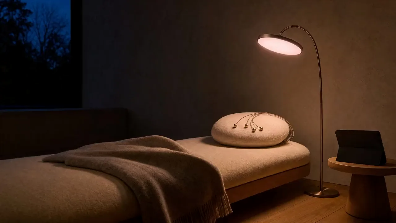Concept film: the Instrument in use in a quiet room at dusk, its even pearl-rose glow over the pillow of a daybed slowly receding to a warm ember as the room darkens, then returning